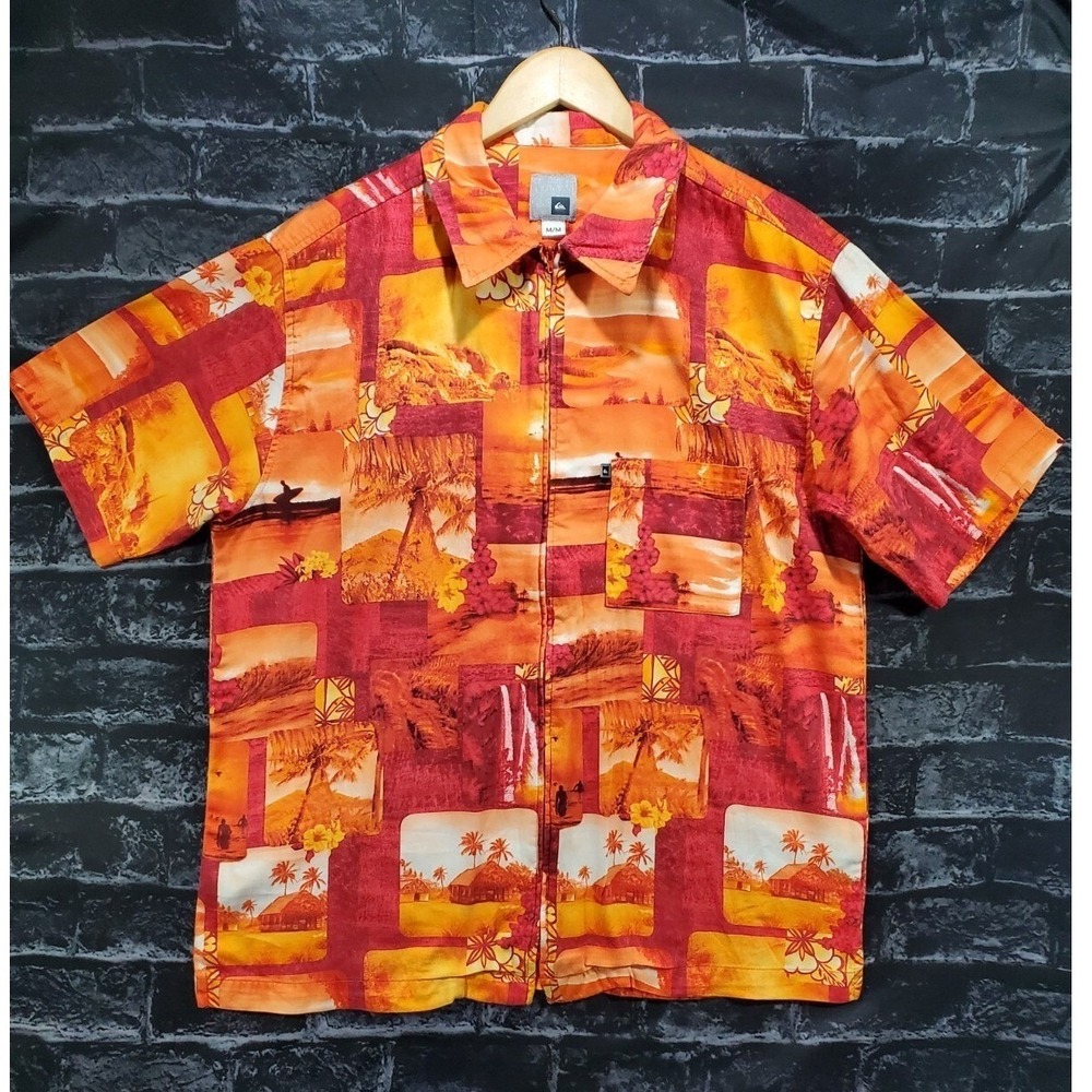 Quiksilver Zip Up Shirt Mens Medium Orange Hawaiian Tropical Surf Beach Made USA